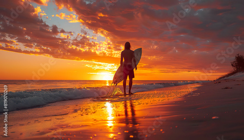 Surfer watches the sunset on a beach. Generated by AI.