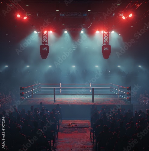 A boxing ring stands empty in a vast arena, awaiting the action and athletici...
