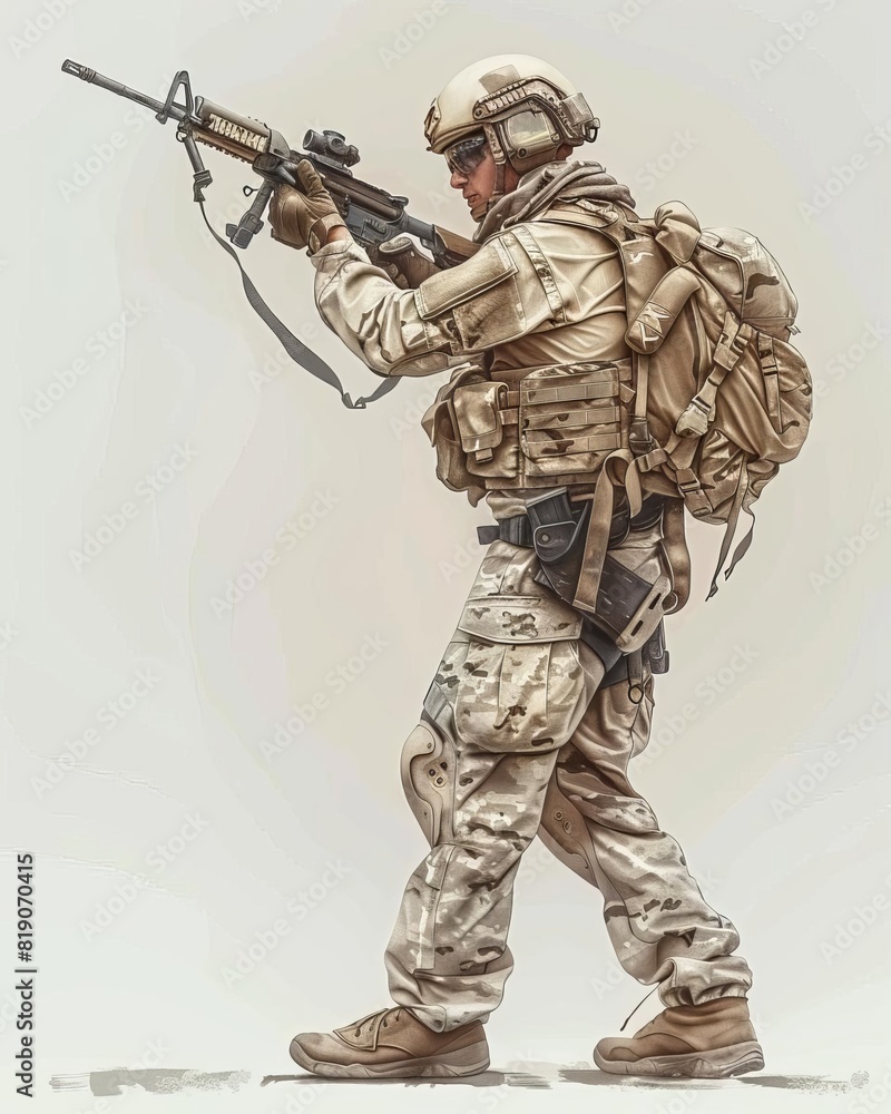 A soldier in full combat gear is walking through the desert. He is carrying an M4 carbine and wearing a backpack. A soldier in full combat gear is walking through the desert. He is carrying an M4 carbine and wearing a backpack.