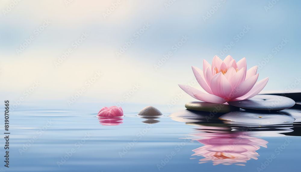 A white flower is on top of a pile of rocks in a body of water