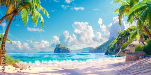 A beach scene with palm trees and a rock in the foreground