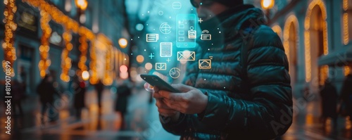 Man Using Phone in City at Night