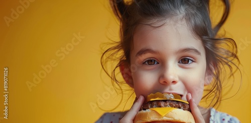 Little Girl Eating Hamburger on Yellow Background