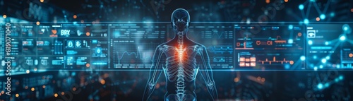 Futuristic medical interface with holographic skeleton