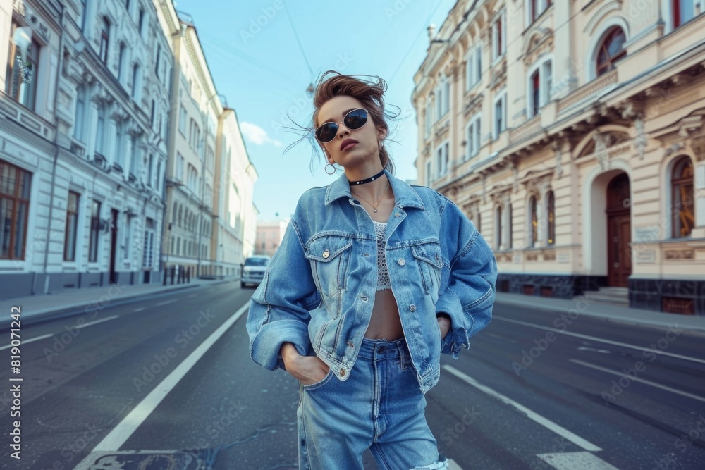 A woman in a denim jacket and jeans standing on a city street. Perfect for urban lifestyle concepts