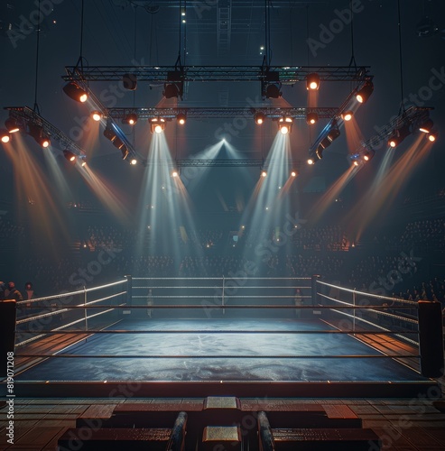 A boxing ring stands empty in a vast arena, awaiting the action and athletici...
