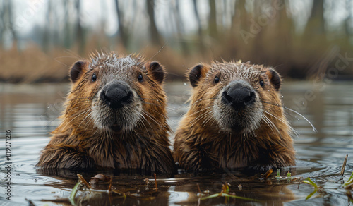 Two beavers are sitting in the water and looking at the camera photo