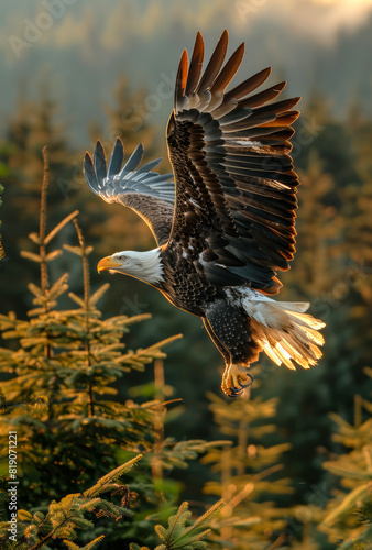 Bald Eagle flying low over forest photo