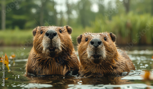 Two beavers are sitting in the water and looking at the camera. photo