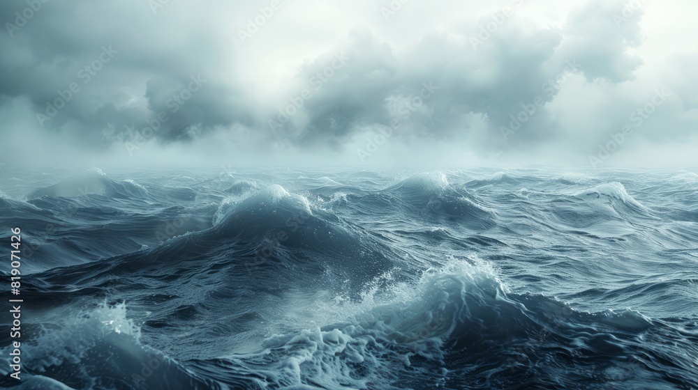 Dramatic ocean waves under a stormy sky, with turbulent water and dark clouds in the background.