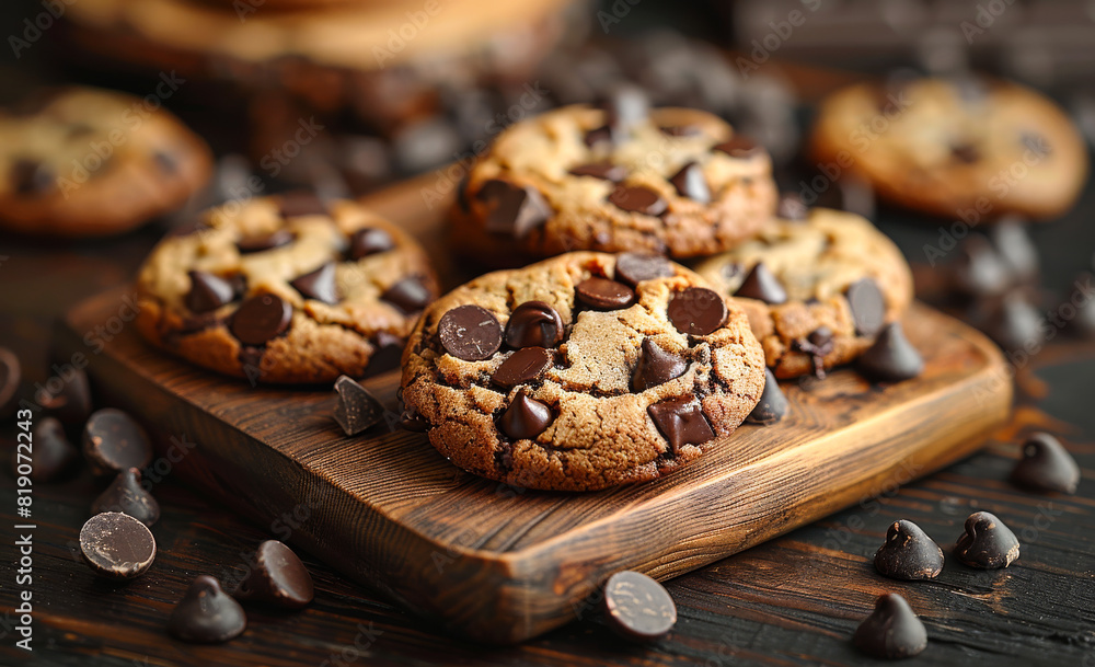 Chocolate chip cookies on wooden board Chocolate chip cookies on wooden board