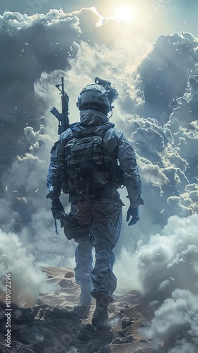 special ops squad, modern soldier equipped for battle, hyperrealism, backlight, clouds, rays of light, 32k ©  Green Creator