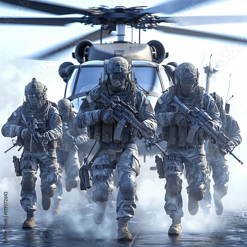 tactical strike, a squad of fully geared infantry soldiers with m4 rifles deploying from on a blackhawk helicopter into enemy territory