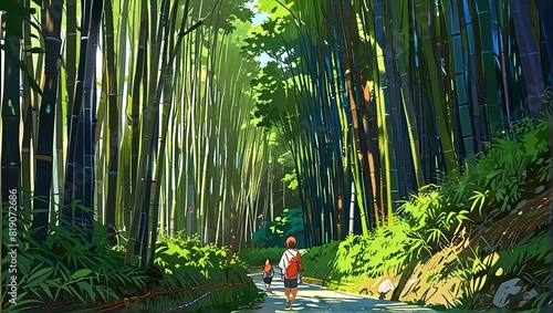 Sagano bamboo forest Japanese scene, Anime illustration, anime background, vibrant, glowing, cinematic photo