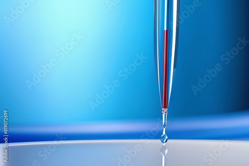 close-up of pipette dispensing single drop of red liquid, against gradient blue background. precision in laboratory work and importance of accurate measurements in scientific research