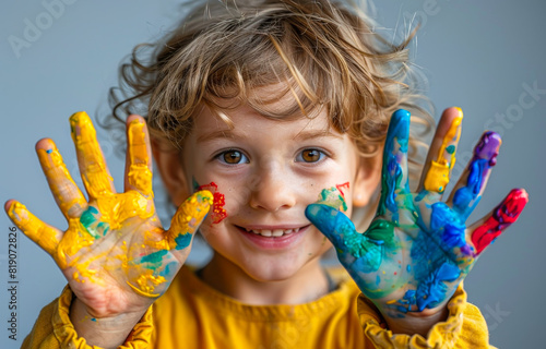 Child shows their hands covered in paint. Happy child holding up colorful painted hands