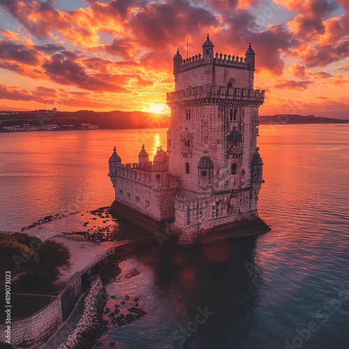 Aerial view of Tower of Belem at sunset, Lisbon, Portugal on the Tagus River Please provide high-resolution