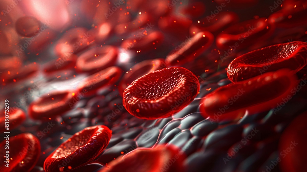 Fototapeta premium Close-up view of red blood cells flowing through a vessel, highlighting their intricate details and movement in the bloodstream.