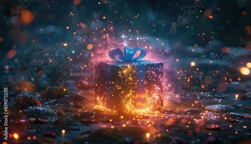 A blue box with a blue ribbon is exploding in a colorful explosion of confetti by AI generated image