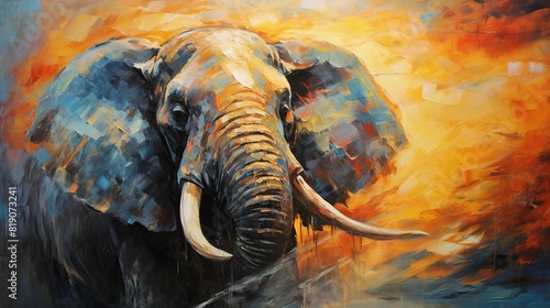 Artistic painting of an elephant in a vibrant and colorful setting. photo