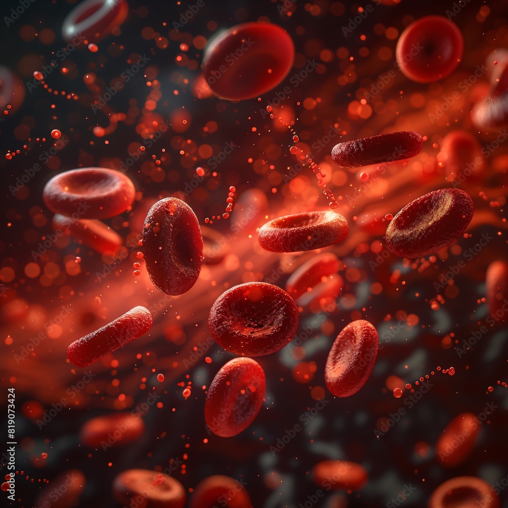 Close-up view of red blood cells in motion, showcasing details in a dark, science-based medical illustration. Close-up view of red blood cells in motion, showcasing details in a dark, science-based medical illustration.