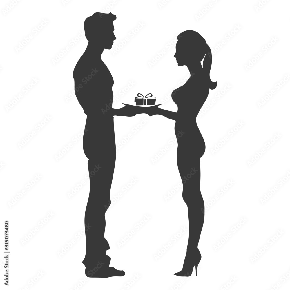 silhouette man and women couple exchanging gifts black color only silhouette man and women couple exchanging gifts black color only