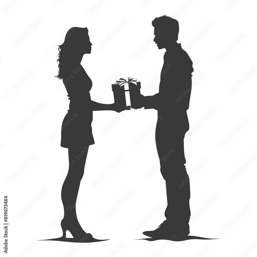 silhouette man and women couple exchanging gifts black color only