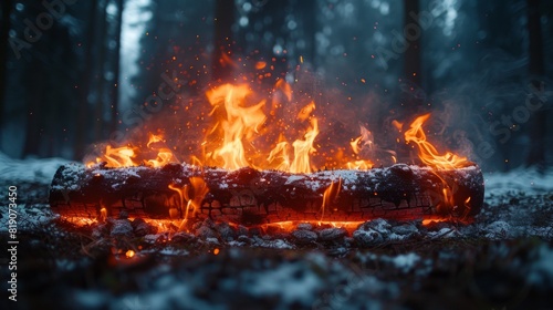 Burning log in a snowy forest  with flames and embers glowing vividly against the cold background.