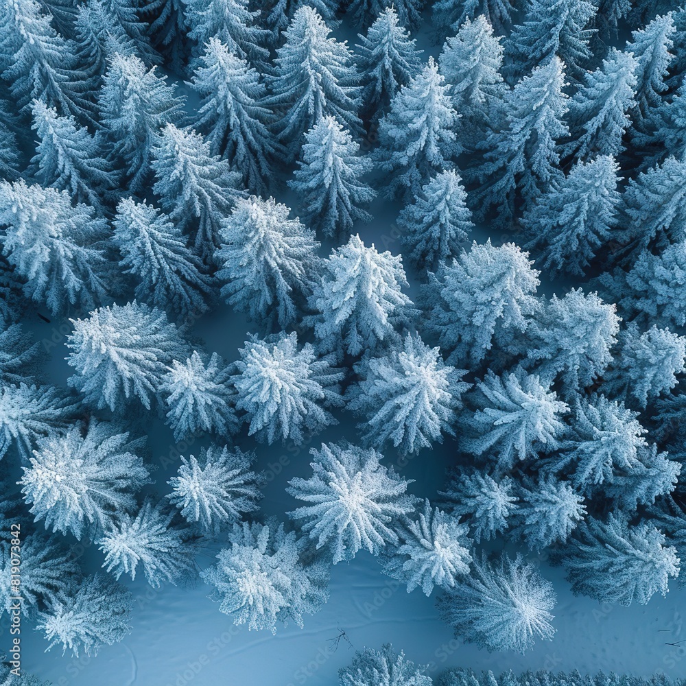  aerial drone view of a group of isolated pine trees covered by fresh snow after snowfall 