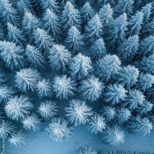  aerial drone view of a group of isolated pine trees covered by fresh snow after snowfall 