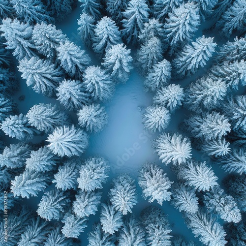  aerial drone view of a group of isolated pine trees covered by fresh snow after snowfall 