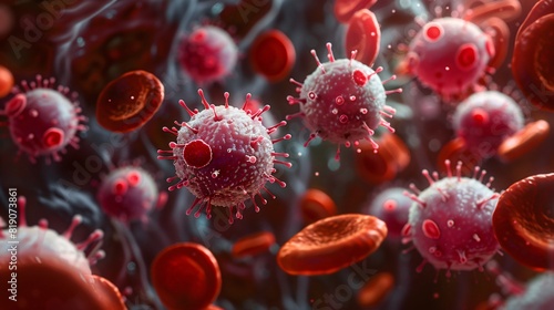 Microscopic view of viruses and red blood cells, showcasing intricate details in a vibrant medical illustration.