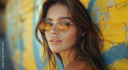 Woman in Sunglasses Leaning Against Yellow Wall