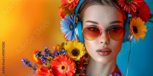 Floral headphones and sunglasses add vibrancy to a portrait of a young woman. Concept Portrait Photography, Floral Accessories, Vibrant Colors, Young Woman, Fashion Trends