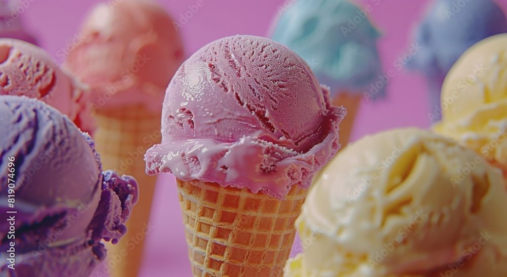 Colorful Ice Cream Cones on a Pink Background Colorful Ice Cream Cones on a Pink Background