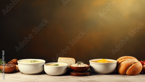 A table with a variety of bowls and a loaf of bread