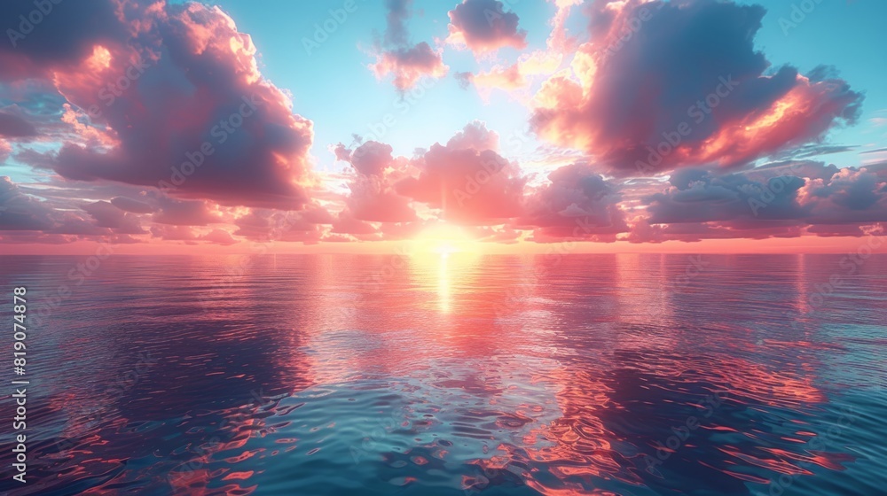Peaceful ocean scene with vibrant pink and orange clouds reflecting on calm water Peaceful ocean scene with vibrant pink and orange clouds reflecting on calm water