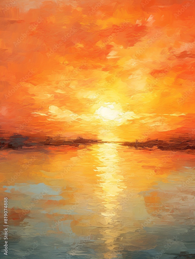 The setting sun casts a golden glow on the ocean in this vibrant painting. The setting sun casts a golden glow on the ocean in this vibrant painting.