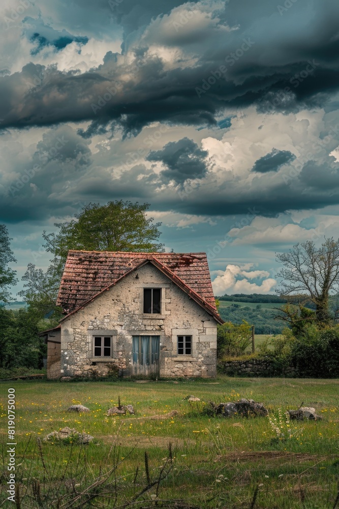 An old house standing alone in a vast field. Suitable for real estate or rural concepts An old house standing alone in a vast field. Suitable for real estate or rural concepts