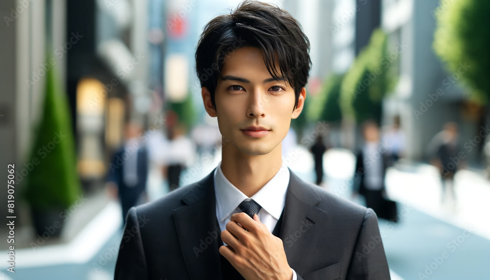 Japanese businessman adjusting his tie on a city street Japanese businessman adjusting his tie on a city street