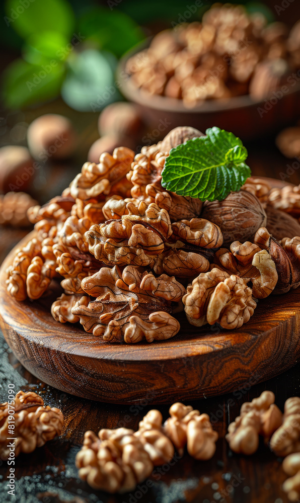 Walnuts in wooden plate on dark rustic background