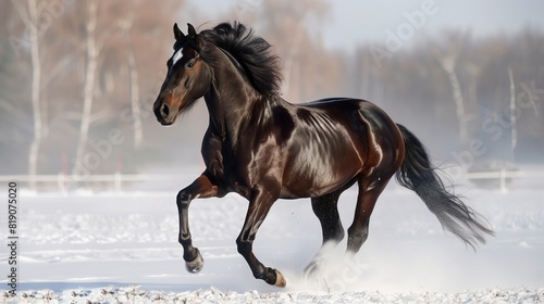 Glossy Dark Chocolate Brown Horse Galloping in a Misty White Snow Field  Winter Freedom
