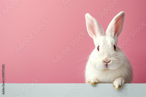 A white rabbit sitting on a table photo