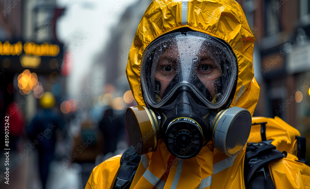 Man in yellow protective suit and gas mask Man in yellow protective suit and gas mask