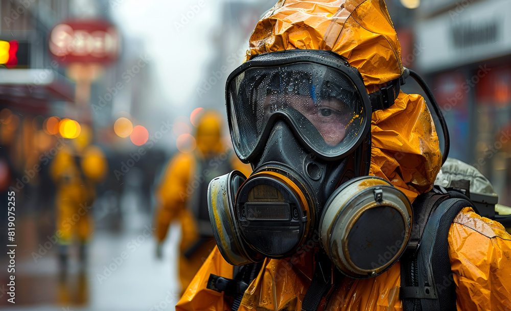 Man in yellow protective suit and gas mask Man in yellow protective suit and gas mask
