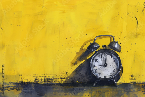 A painting of an alarm clock against a bright yellow wall. Suitable for time management concepts photo