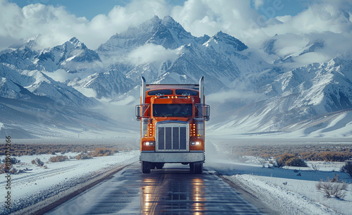 Big rig orange semi truck with flat bed trailer moving on the wet road with snow mountains and clouds on the background photo