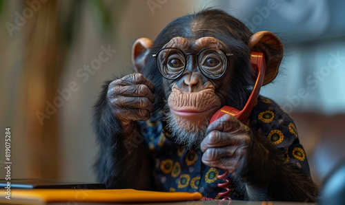 Chimpanzee is sitting at desk and talking on phone.