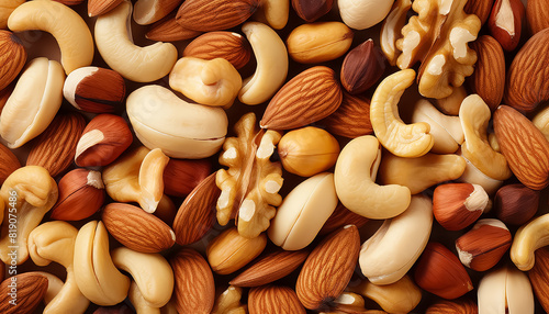A close up of nuts and seeds, including walnuts, almonds, cashews, and peanuts