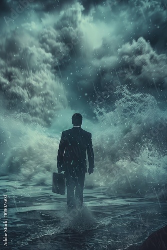 A man in a suit walking through water. Suitable for business concepts